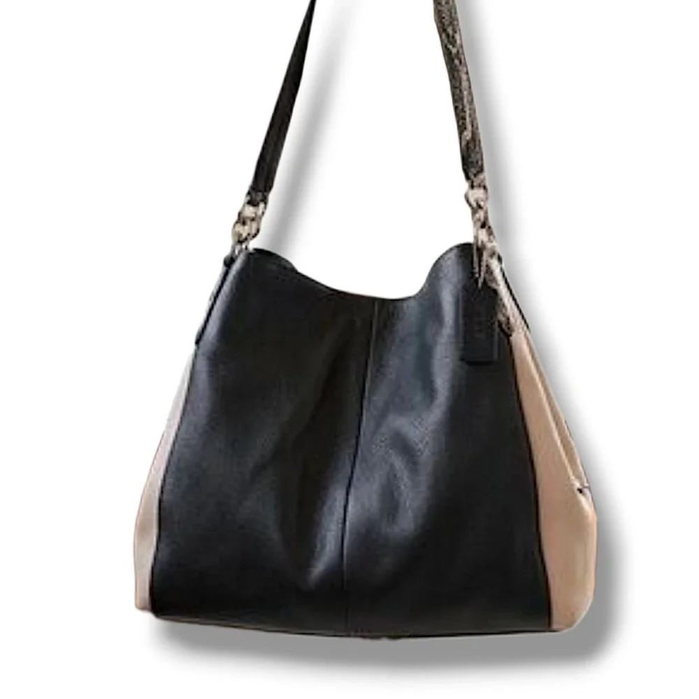 Coach Phoebe Leather Black & Tan Shoulder Bag With Exotic Trim